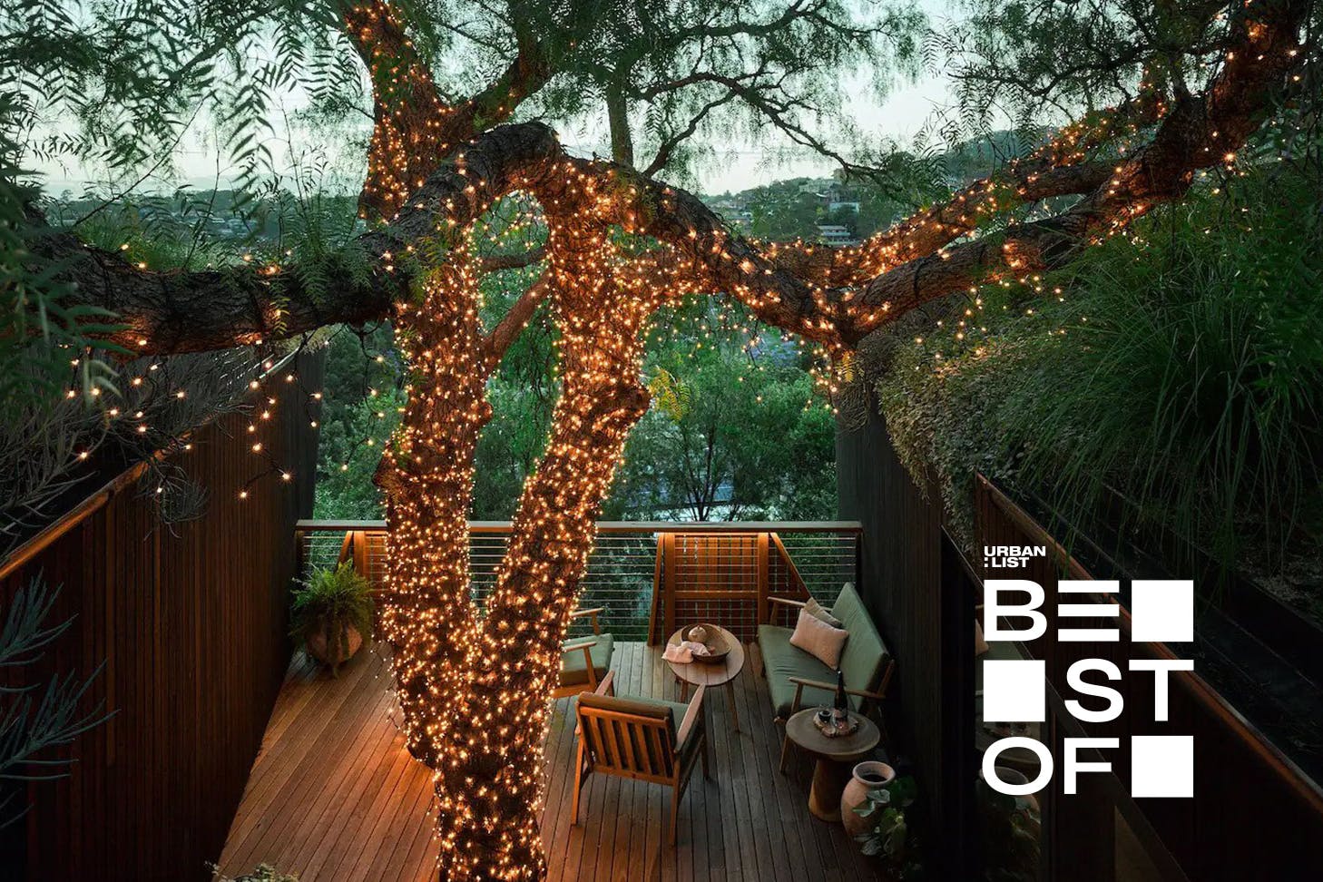 A deck with fairy lights at one of the best Airbnbs in NSW